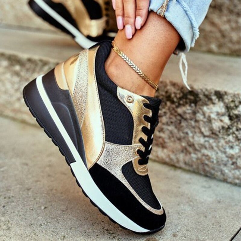 Womens Platform Sneakers with Metallic Accents and Cushioned Footbed, Breathable