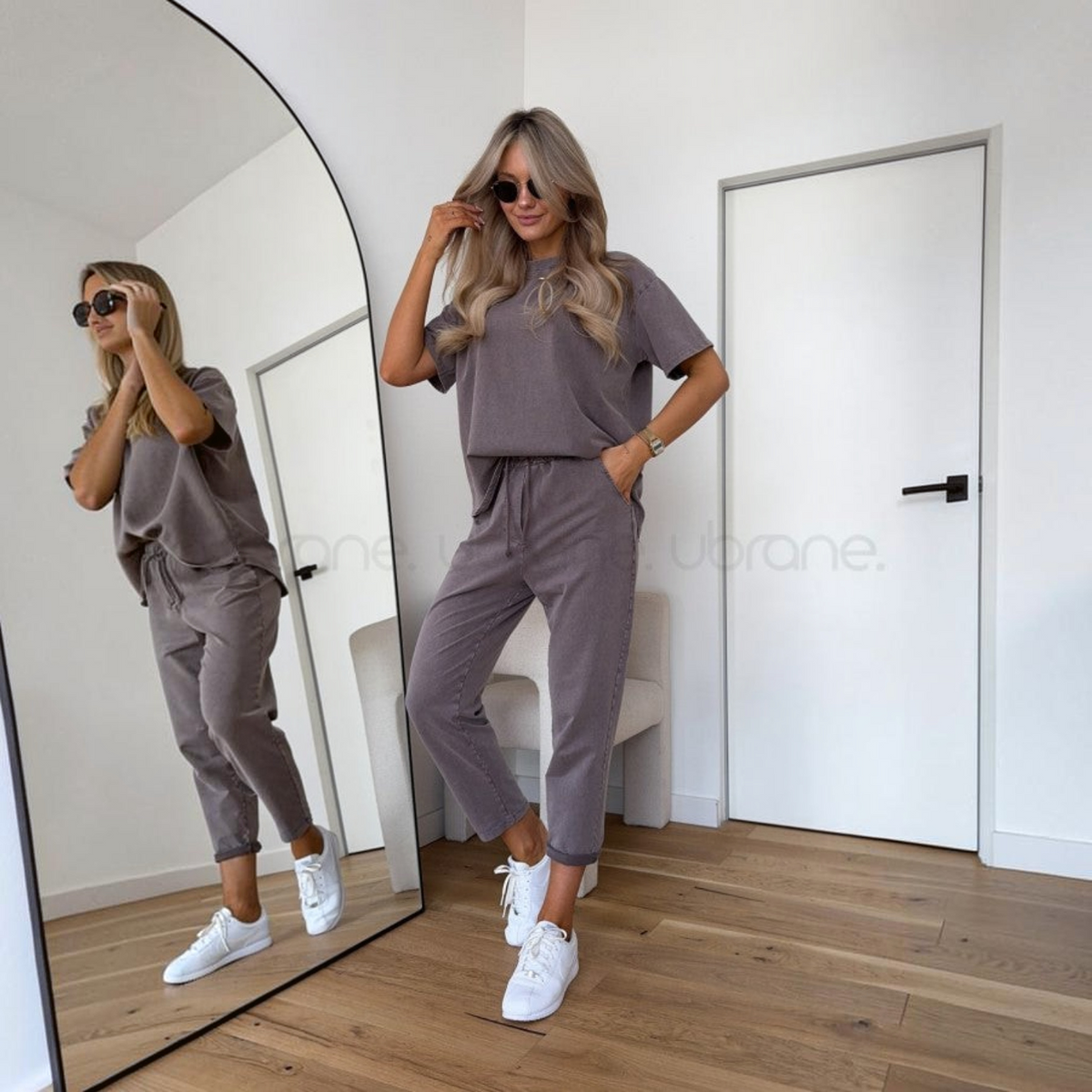 Two-Piece Lounge Set with Adjustable Waist and Ripped Detail, Short Top, Pants