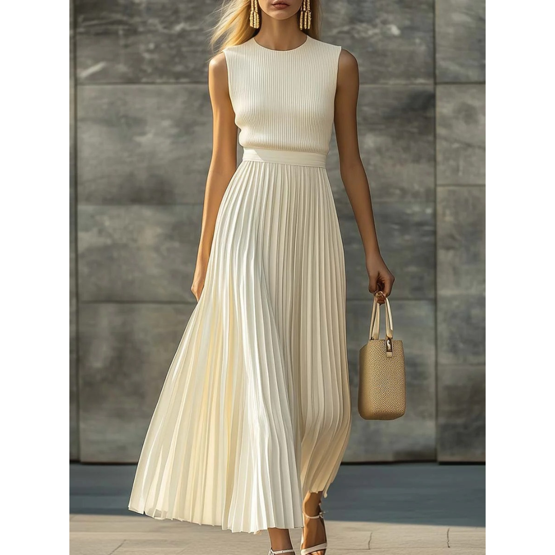 Women's Bernadette Cream Pleated Maxi Dress – Elegant & Versatile