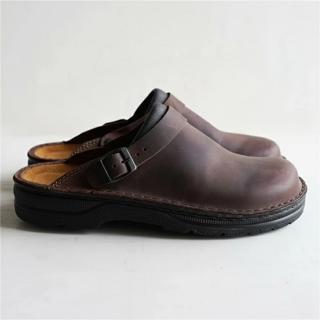 Mens Orthopaedic Clogs with Breathable Leather and Slip-On Design, Cushioned Insole