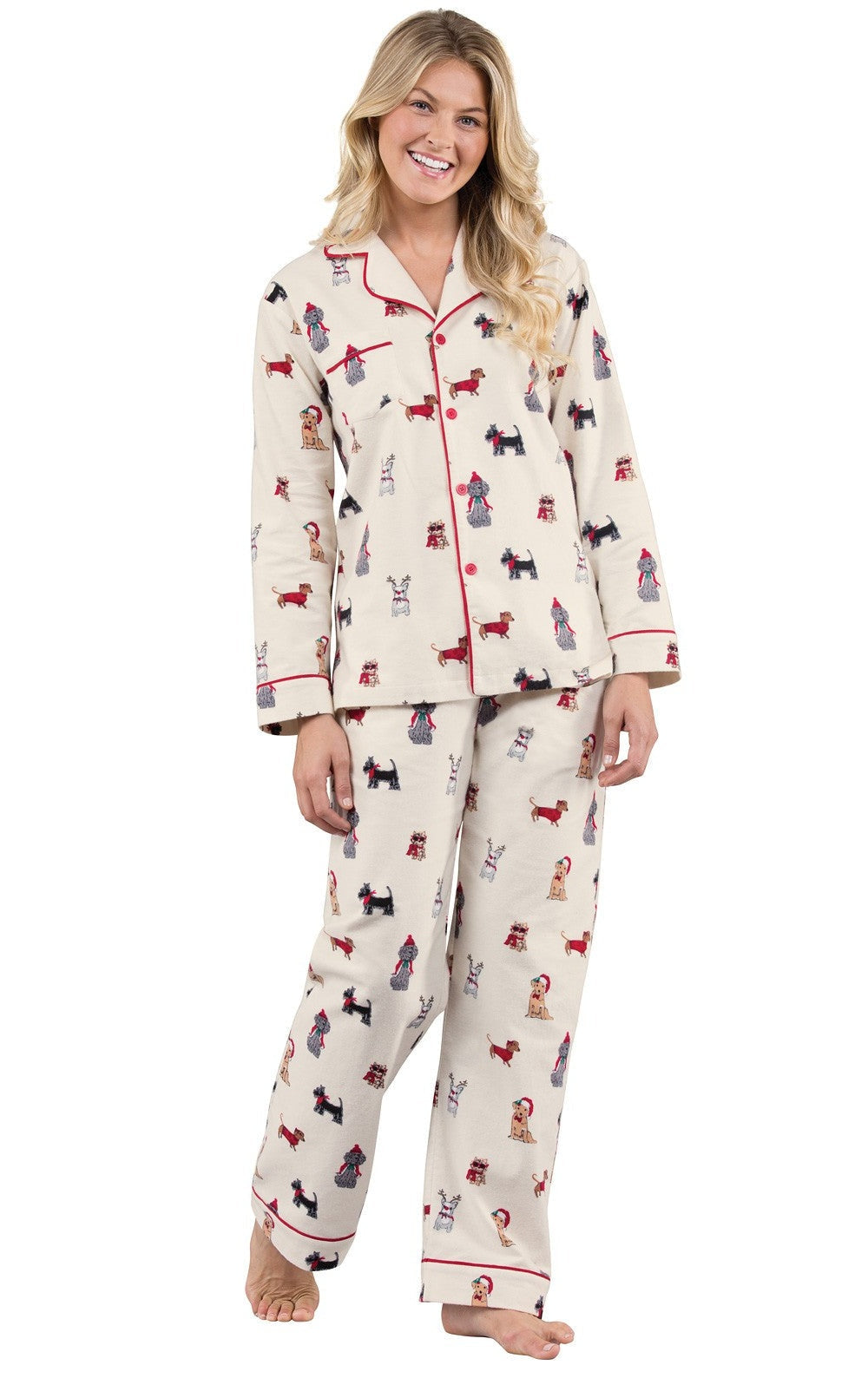 Flannel Pajama Set with Dog Print and Notch Collar, Drawstring Waist