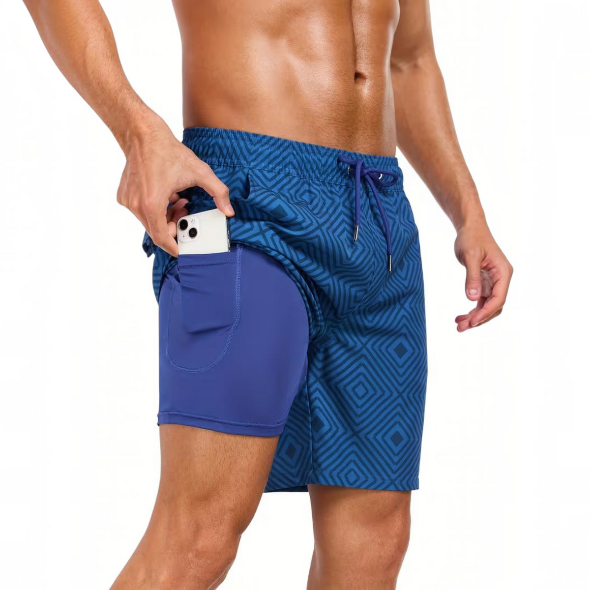 Mens Swim Shorts with Adjustable Drawstring Waist and Tropical Print, Quick-Dry Mid-Thigh