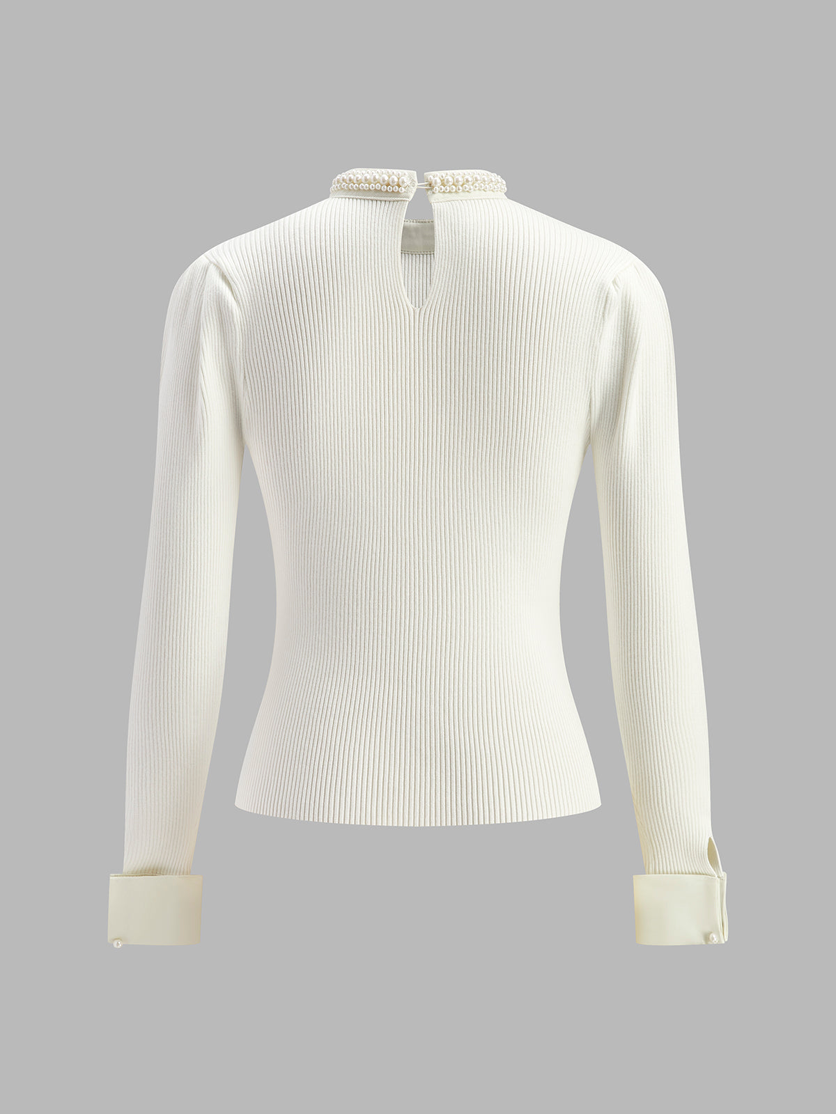 Ribbed Knit Sweater with Pearl Trim Crew Neck and Contrast Cuffs, Slim Fit