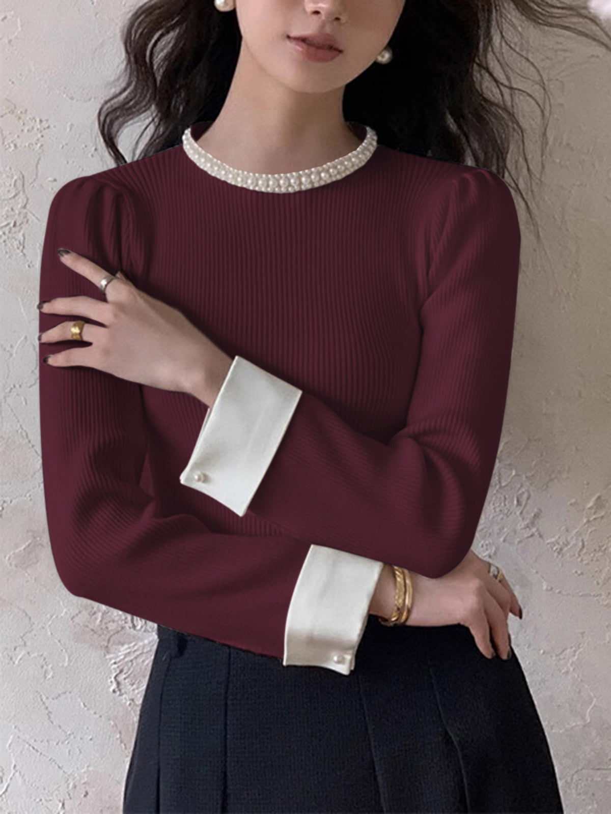 Ribbed Knit Sweater with Pearl Trim Crew Neck and Contrast Cuffs, Slim Fit