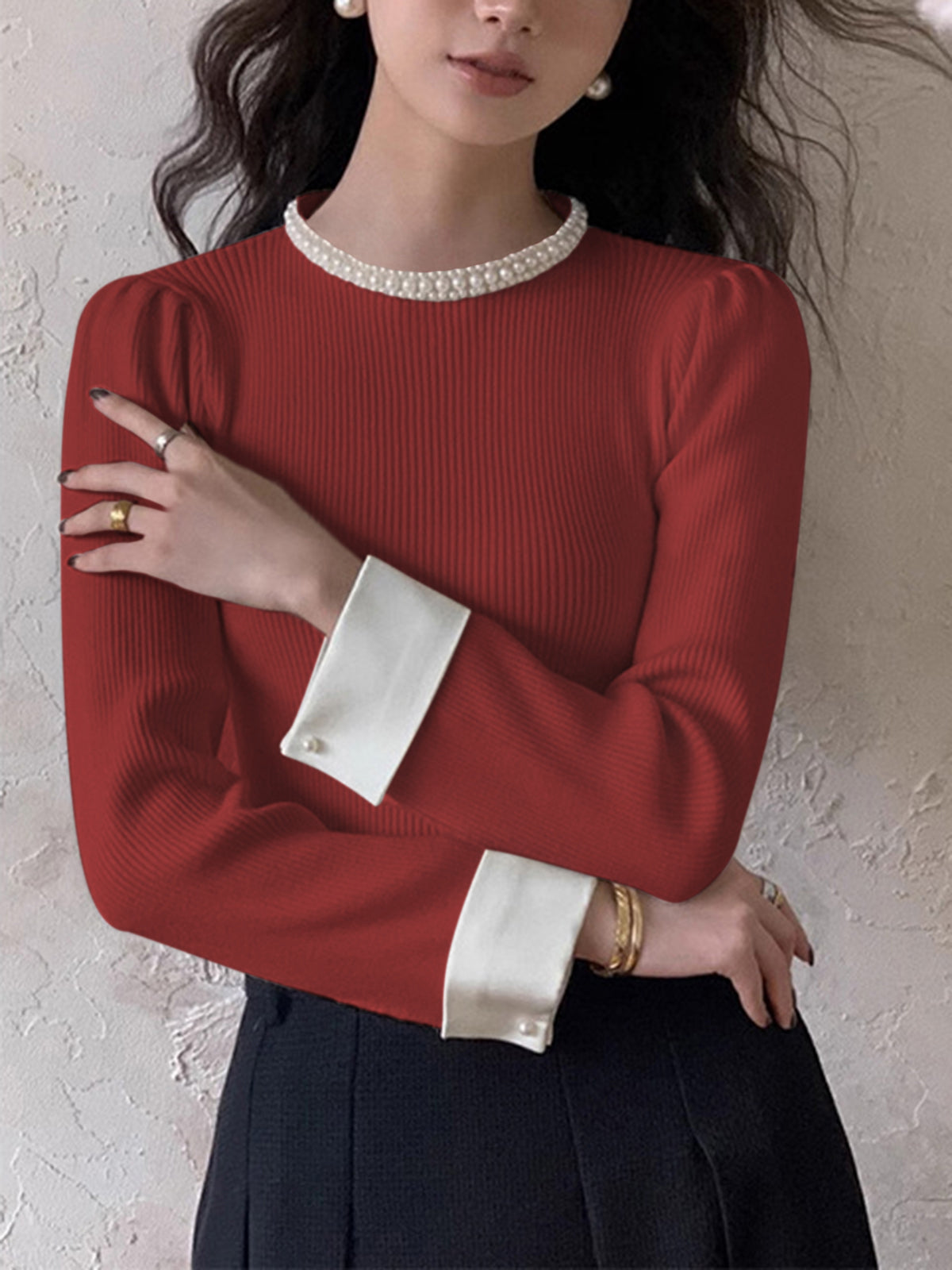 Ribbed Knit Sweater with Pearl Trim Crew Neck and Contrast Cuffs, Slim Fit