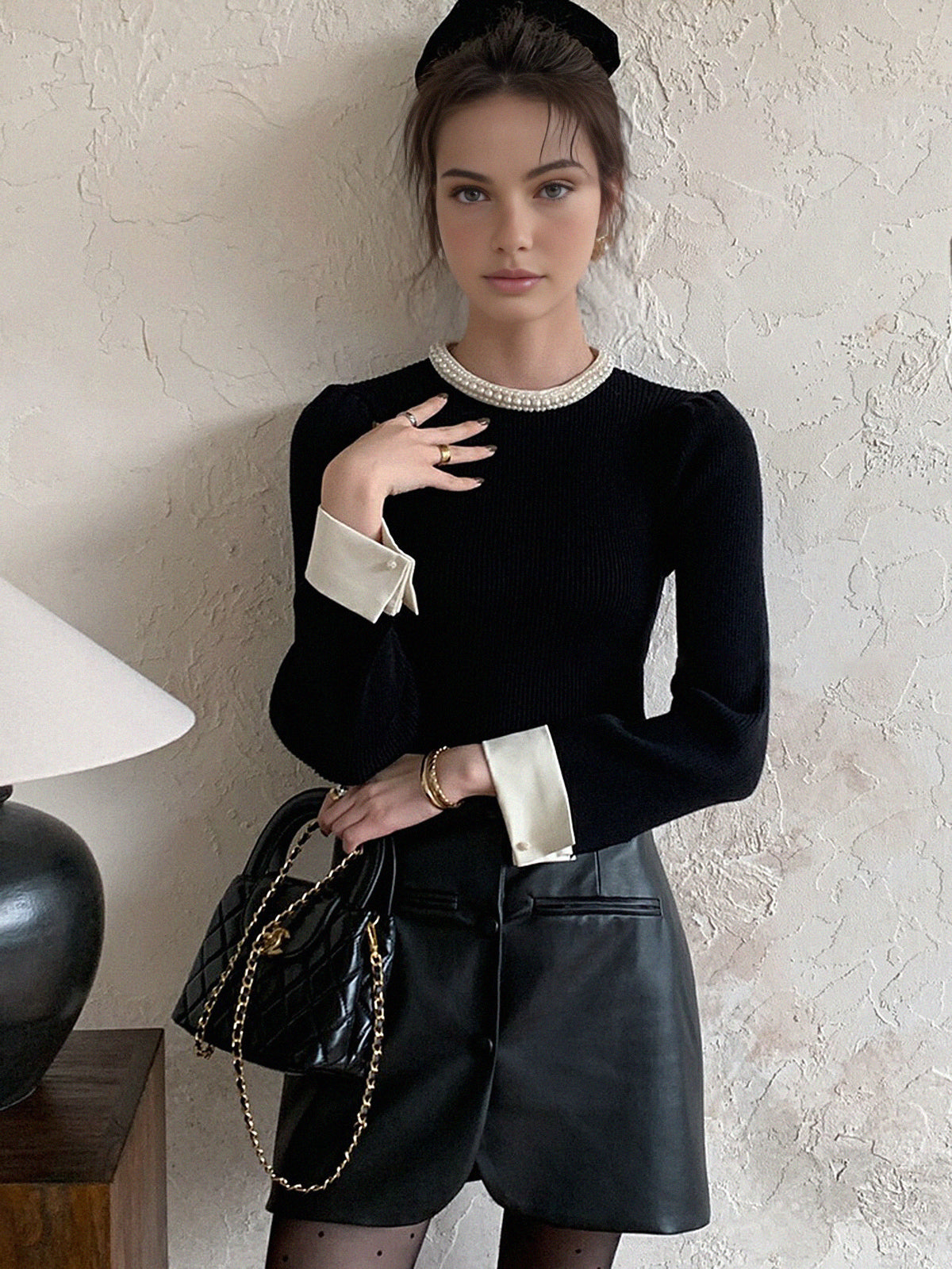 Ribbed Knit Sweater with Pearl Trim Crew Neck and Contrast Cuffs, Slim Fit