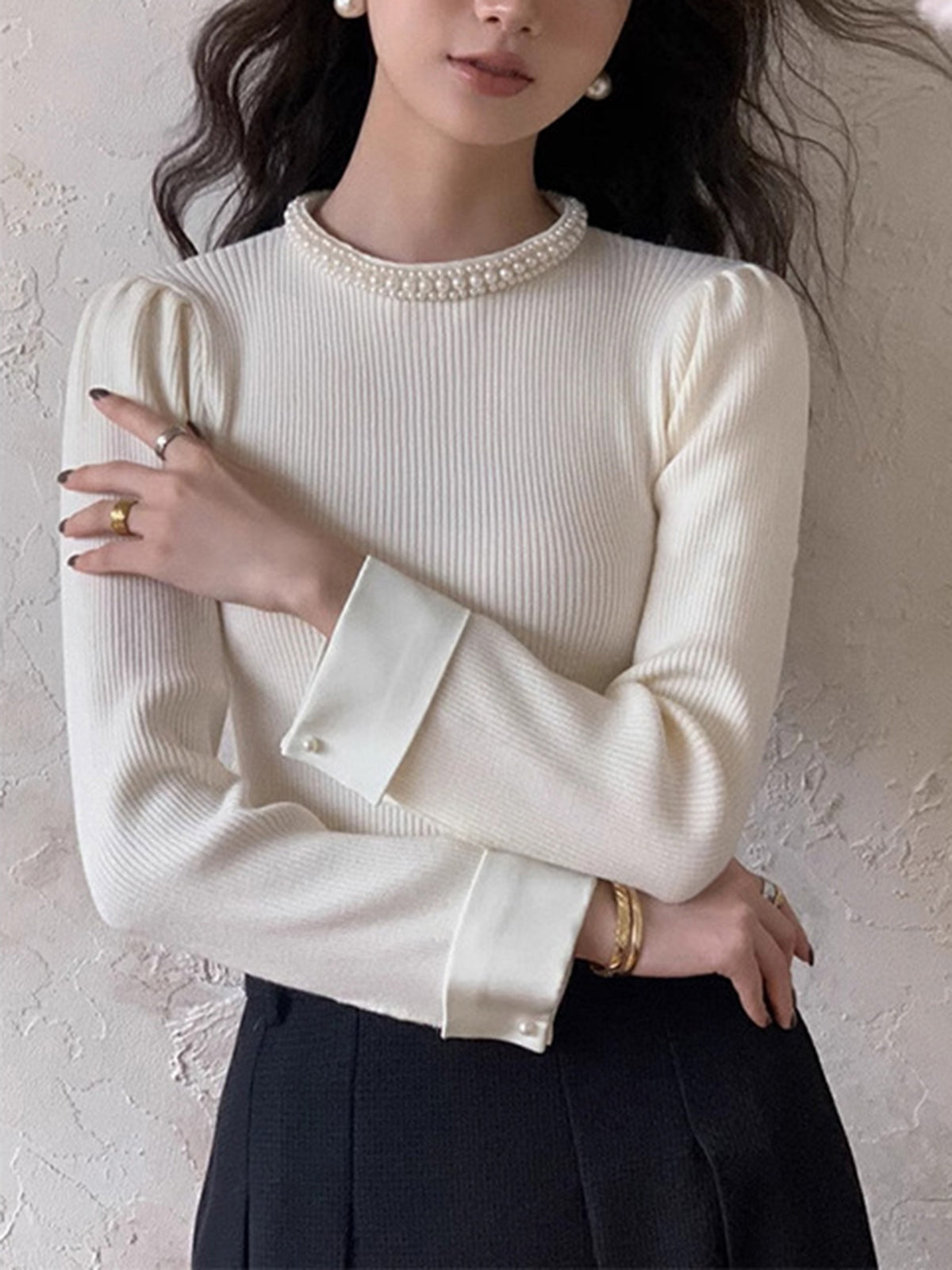 Ribbed Knit Sweater with Pearl Trim Crew Neck and Contrast Cuffs, Slim Fit