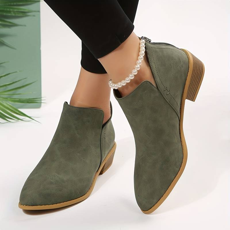 Womens Slip-On Boots with Low Block Heel and Cushioned Insole, Durable Traction Sole