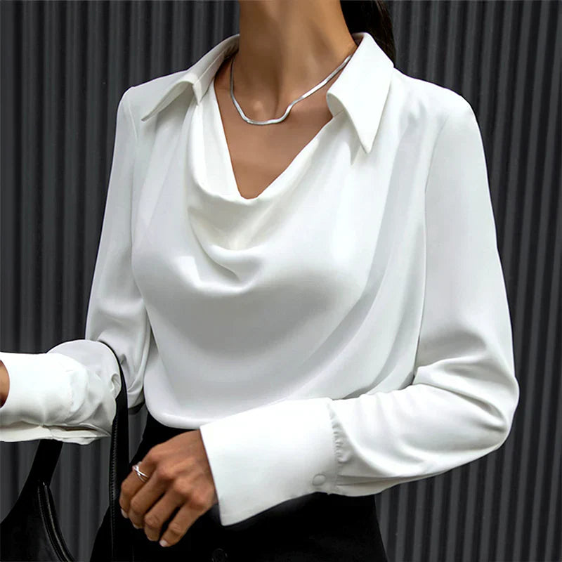 Womens Satin Blouse with Draped Neck and Long Sleeves, Tailored Regular Fit
