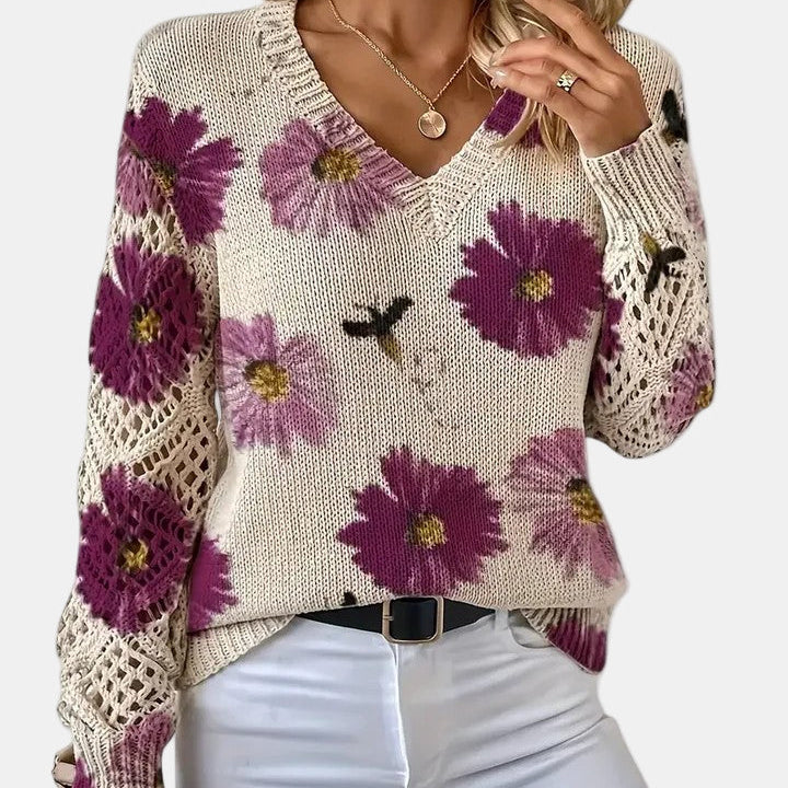 Floral Knit Sweater with V-Neckline and Open Sleeves for Women - Ribbed Hem