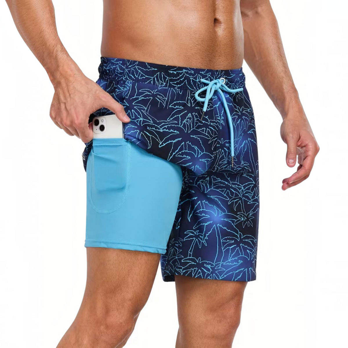 Mens Swim Shorts with Adjustable Drawstring Waist and Tropical Print, Quick-Dry Mid-Thigh