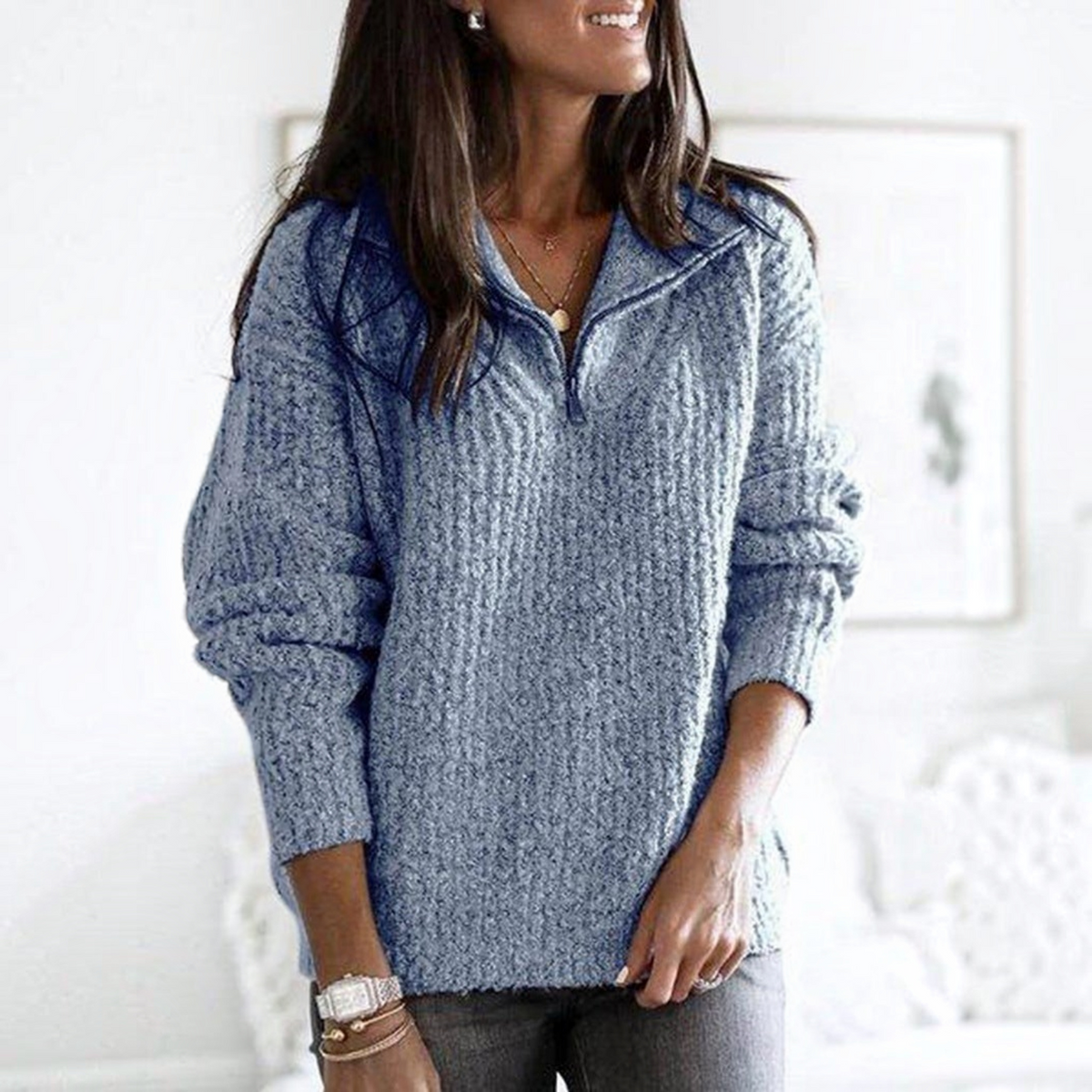 Zip-Up Ribbed Sweater for Women with Full-Length Zip and Tailored Fit, Breathable Knit