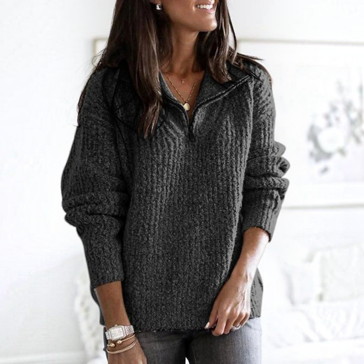 Zip-Up Ribbed Sweater for Women with Full-Length Zip and Tailored Fit, Breathable Knit