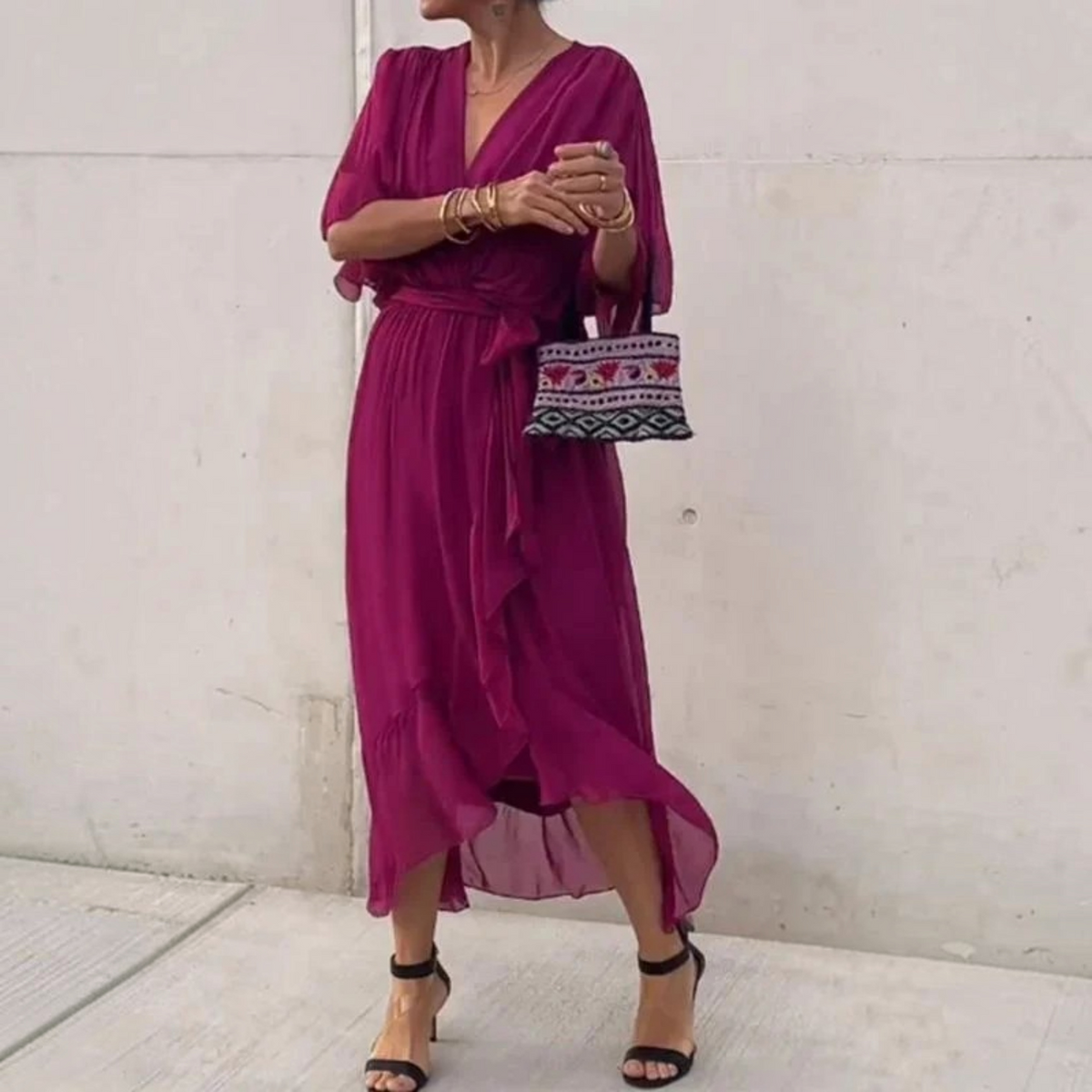 Silk V-Neck Dress with Light Muslin and Relaxed A-Line, for Day or Evening