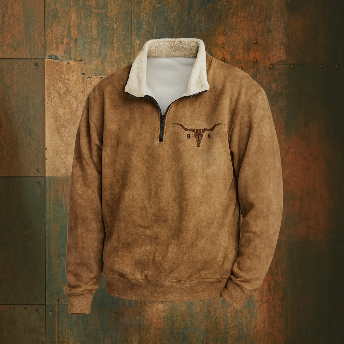 Mens Quarter-Zip Fleece Pullover with Sherpa Collar and Buffalo Skull Print, Relaxed Fit