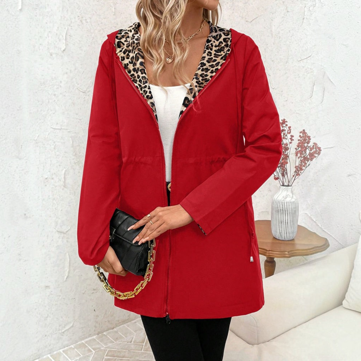 Reversible Coat with Leopard Print and Neutral Side, Relaxed Draping Silhouette