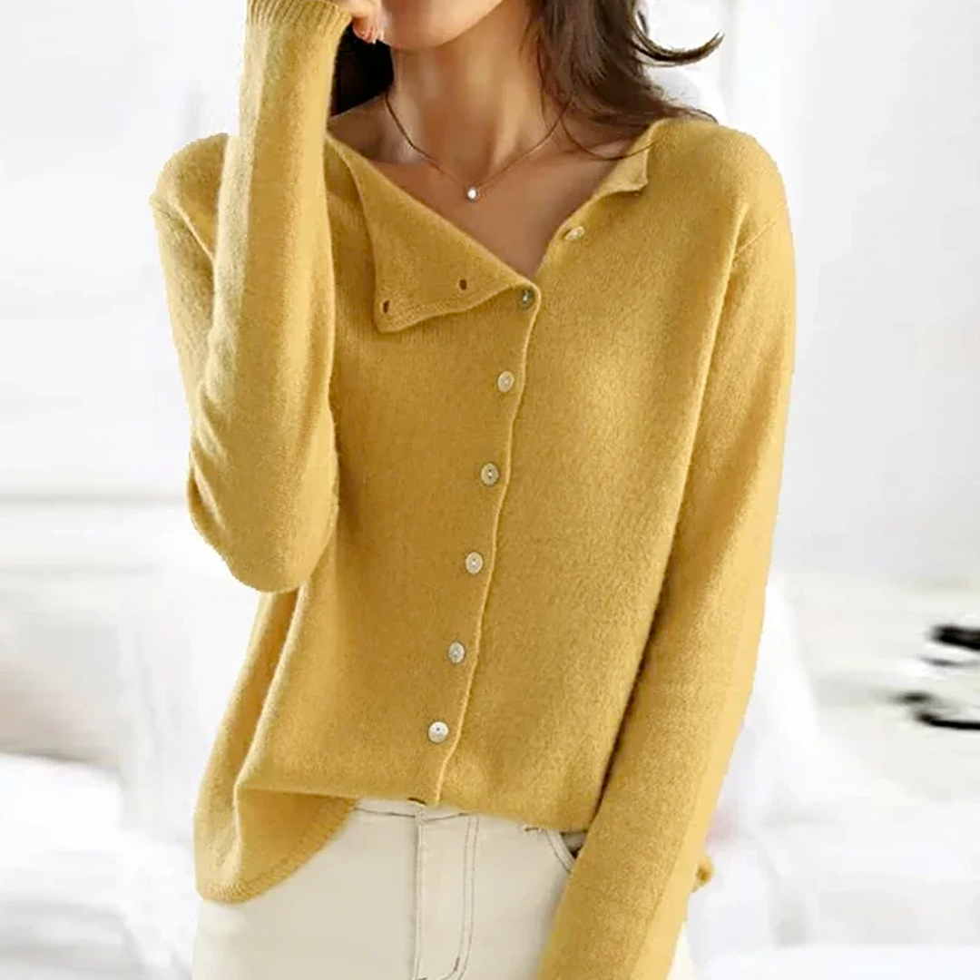 V-Neck Sweater with Button Front and Tailored Relaxed Fit, Soft Knit