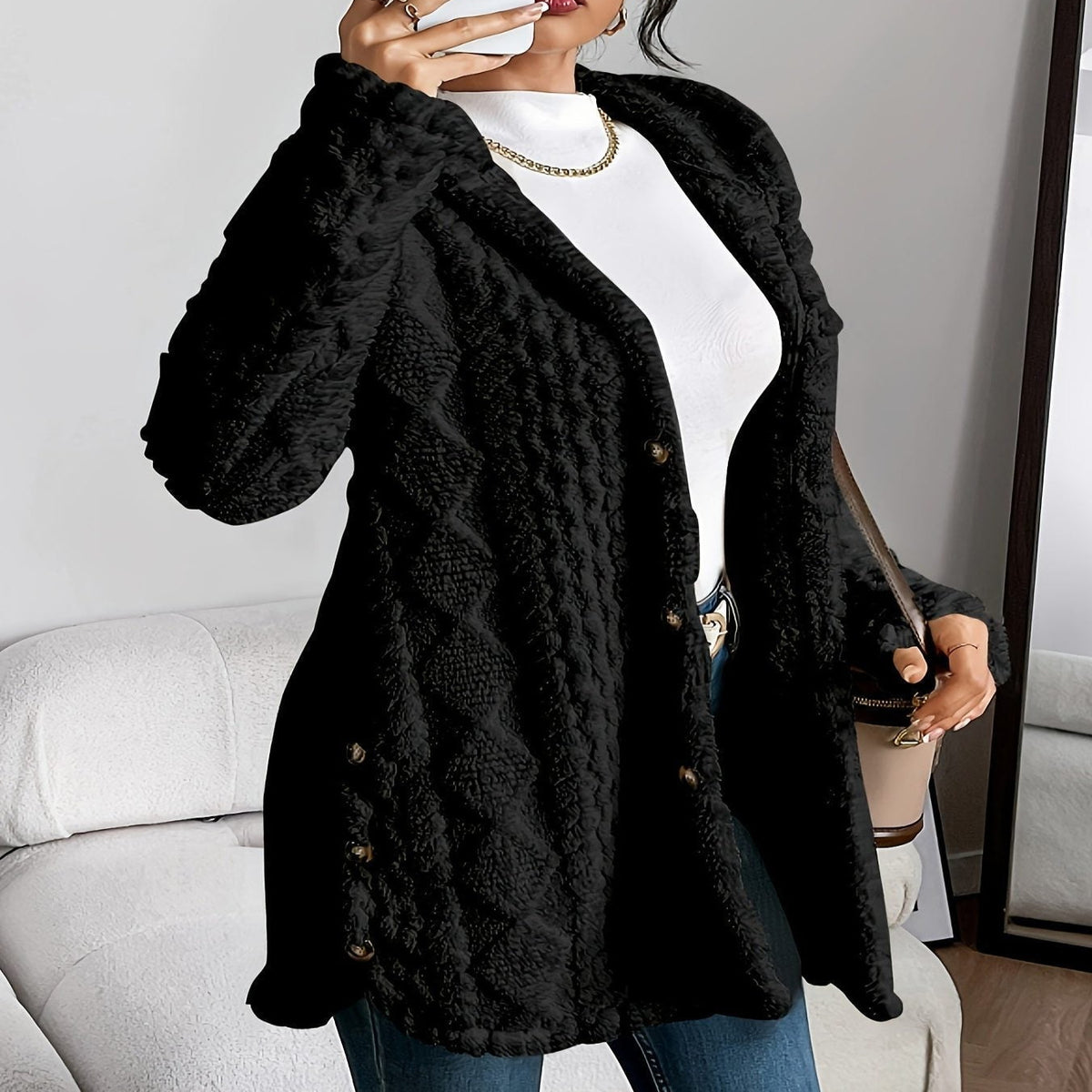 Oversized Plush Hooded Cardigan for Women - Black