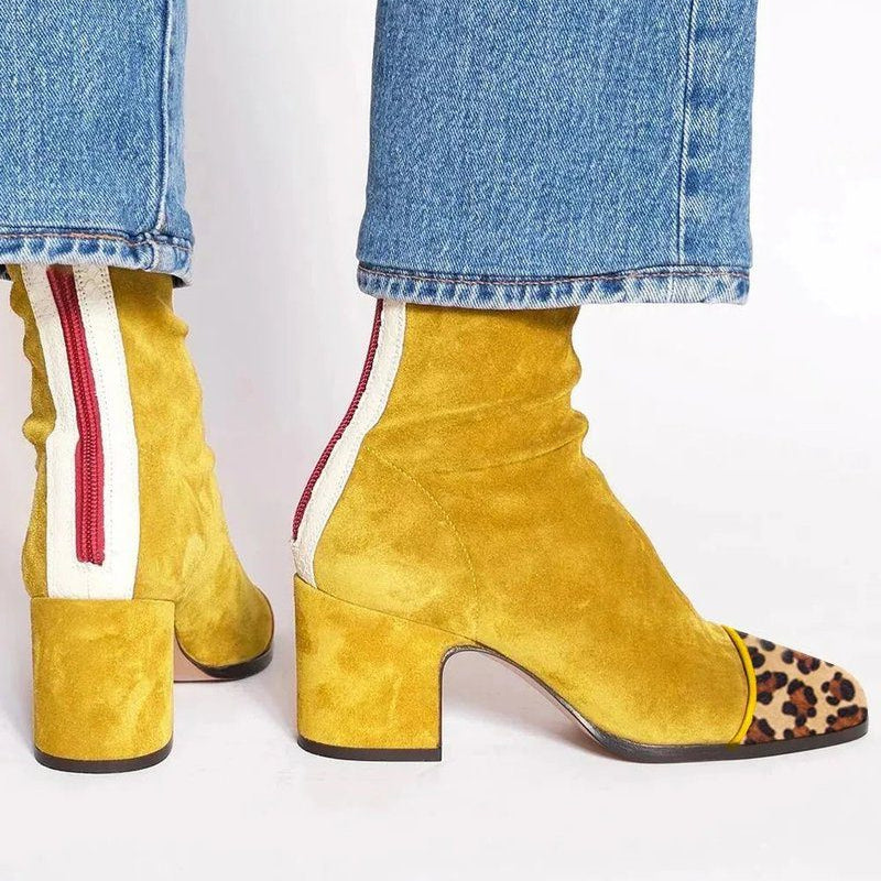 Block Heel Suede Ankle Boots with Leopard Toe for Women - View 9