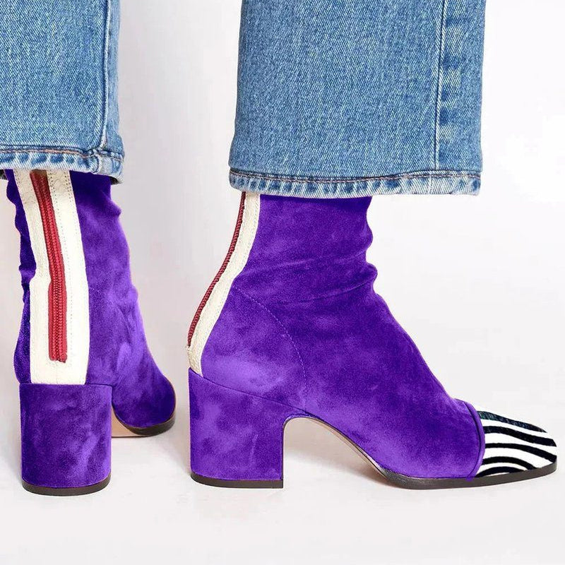 Block Heel Suede Ankle Boots with Leopard Toe for Women - Purple