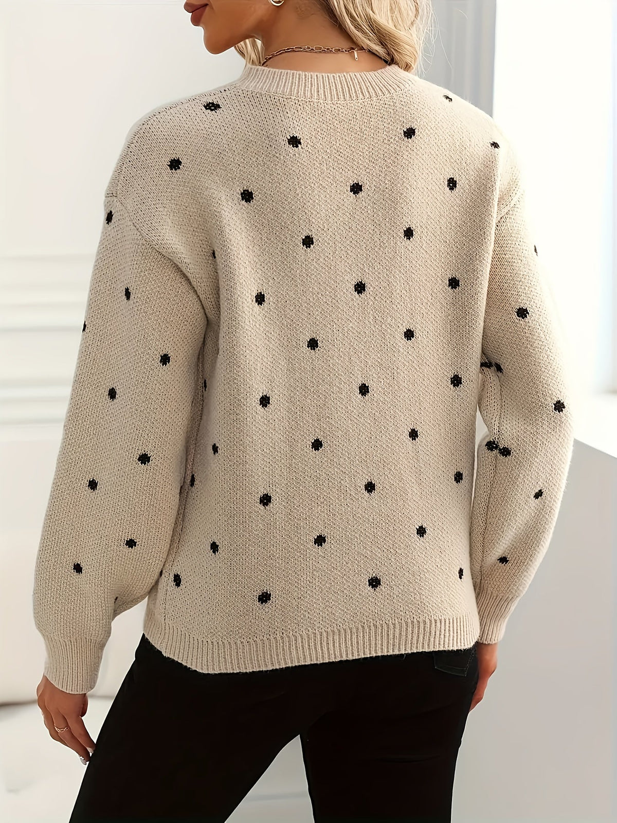 Polka Dot Crew Neck Sweater with Light Stretch Knit and Relaxed Fit