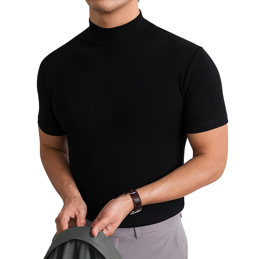 Mens Short Sleeve Turtleneck with Twill Weave and Pull-On Design