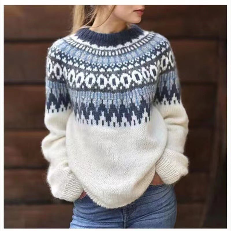 Womens Nordic Sweater with Relaxed Fit and Soft Knit Acrylic, Long Sleeve Winter Pullover