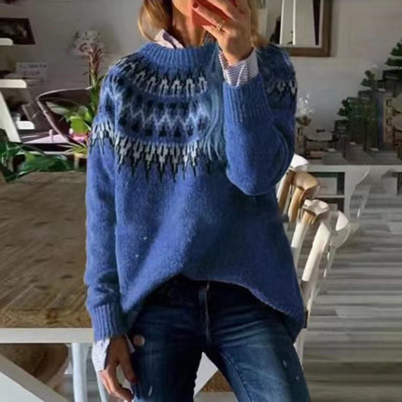 Womens Nordic Sweater with Relaxed Fit and Soft Knit Acrylic, Long Sleeve Winter Pullover