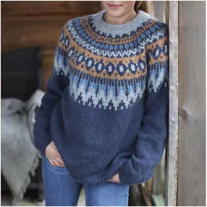 Womens Nordic Sweater with Relaxed Fit and Soft Knit Acrylic, Long Sleeve Winter Pullover