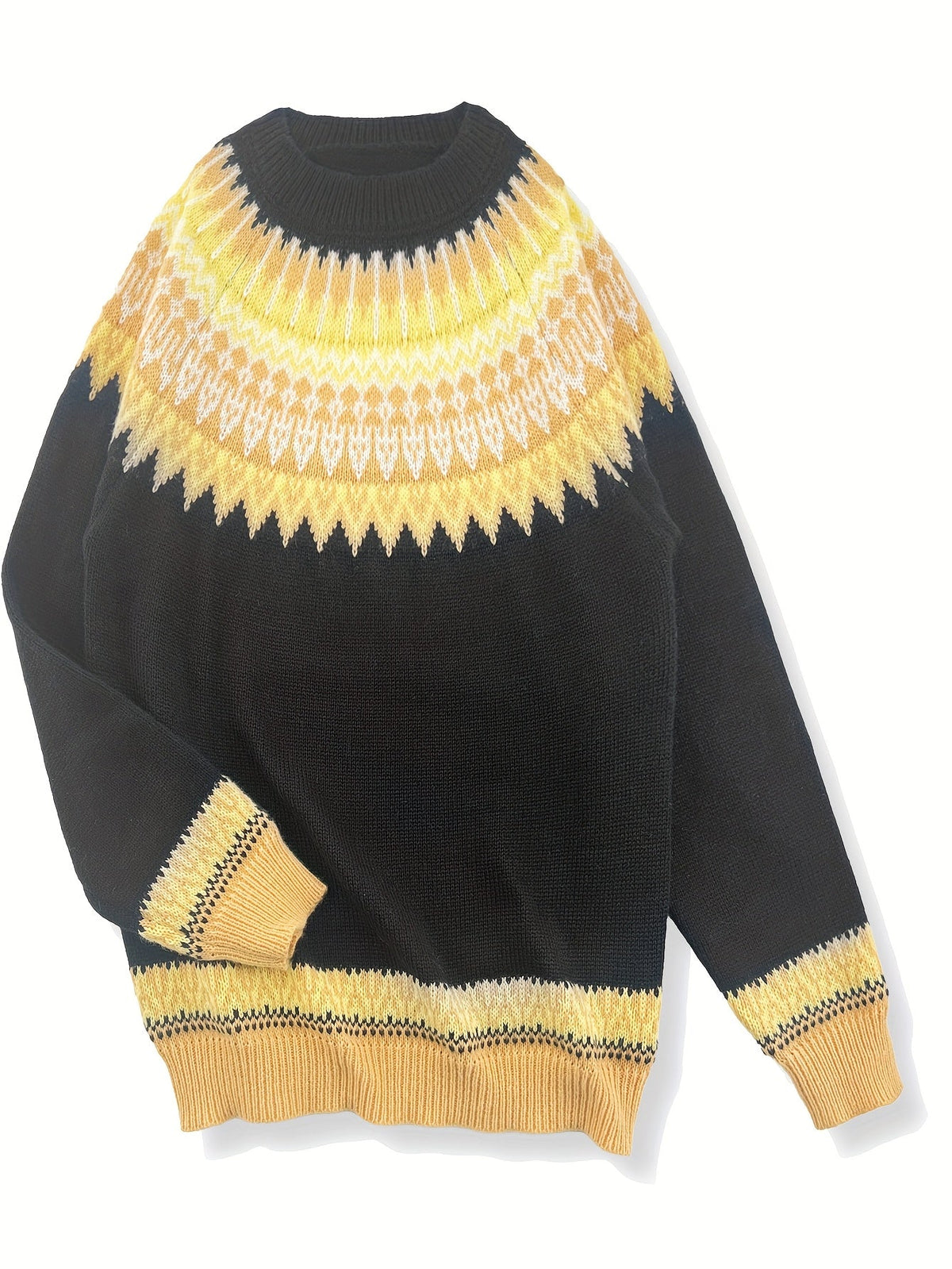 Chunky Jacquard Knit Sweater with Round Neck and Relaxed Fit