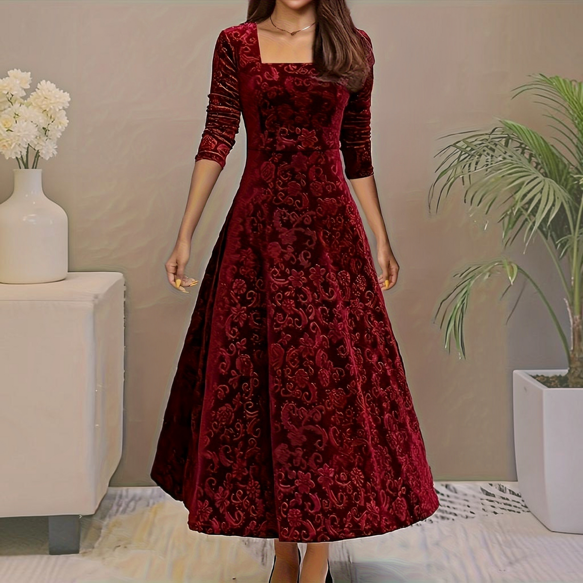 Velvet Midi Dress with Floral Embroidery and Three-Quarter Sleeves, Back Zipper