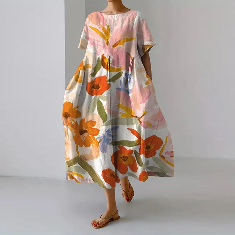 Fern | Floral Short Sleeve A-Line Midi Dress for Women