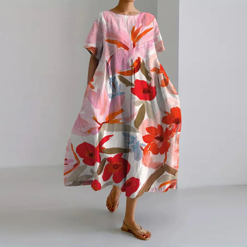 Fern | Floral Short Sleeve A-Line Midi Dress for Women