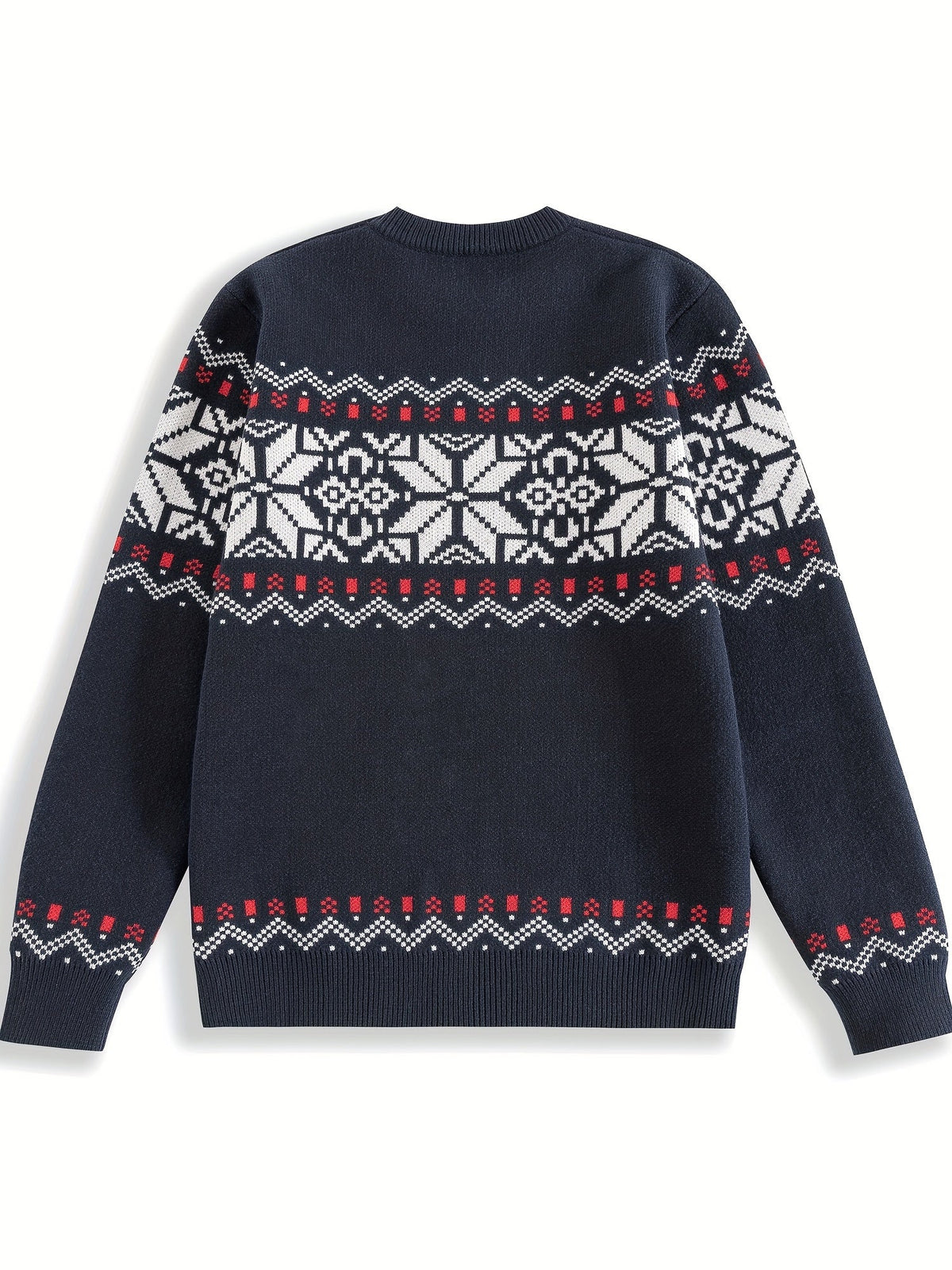 Round Neck Sweater with Snowflake Pattern and Ribbed Cuffs