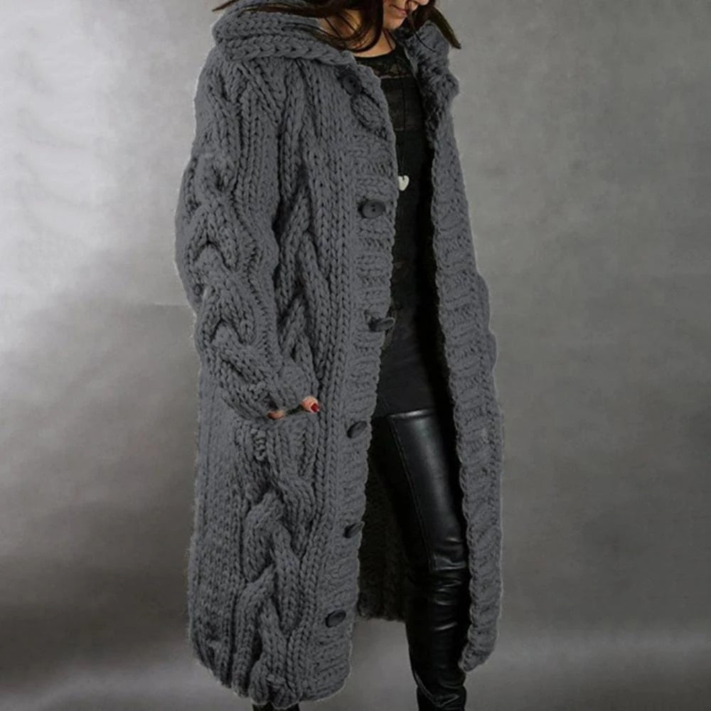 Oversized Cable Knit Cardigan with Button Front and Full-Length Coverage