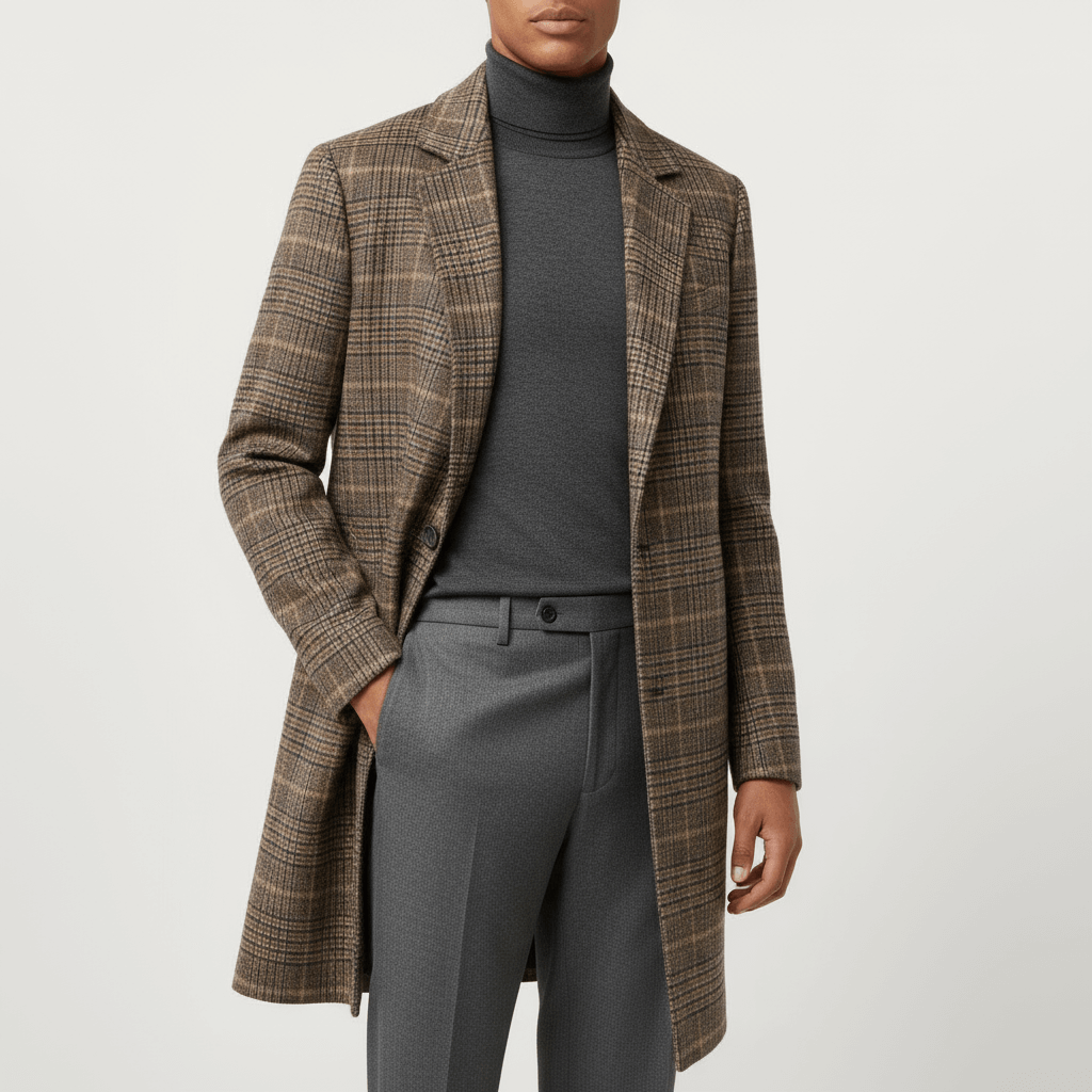 Brown Plaid Wool Overcoat for Men