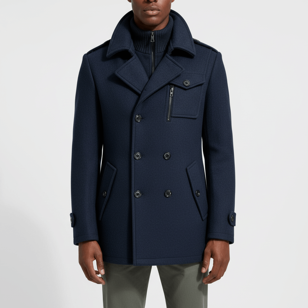 Wool Blend Overcoat for Men, Long Navy Winter Coat