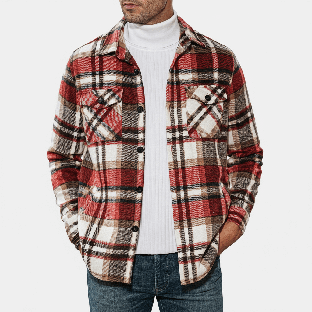 Checkered Button Jacket for Men, Casual Long Sleeve Layer