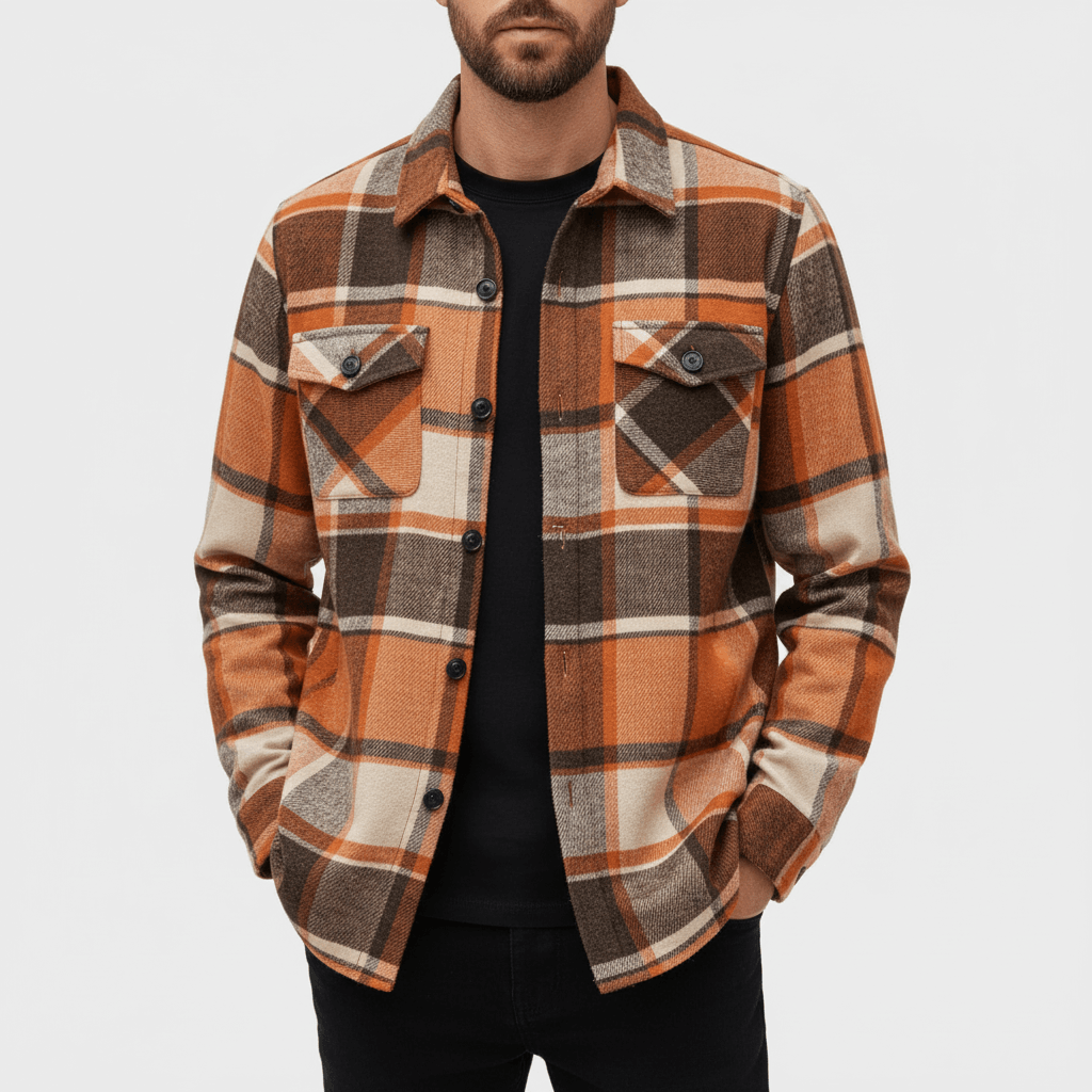 Checkered Button Jacket for Men, Casual Long Sleeve Layer