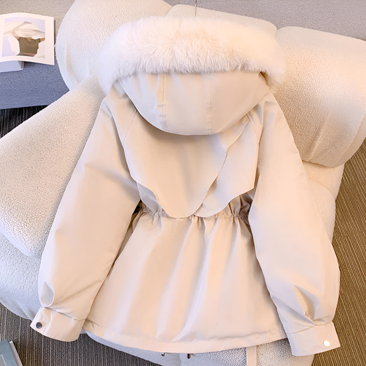 Womens Winter Coat with Plush Faux Fur Collar and Adjustable Drawstring Waist, Pockets