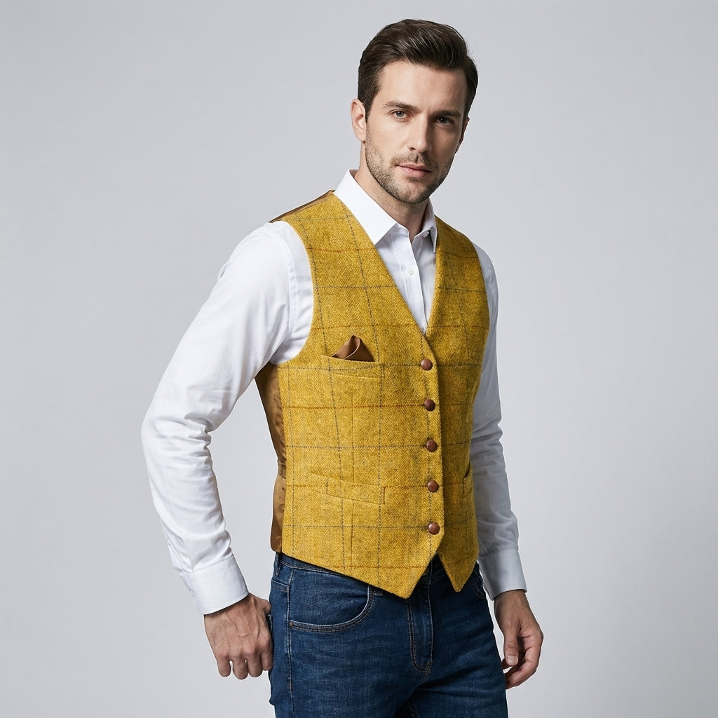 Mens V-Neck Vest with Adjustable Back Strap and Button Front, Woven Blend