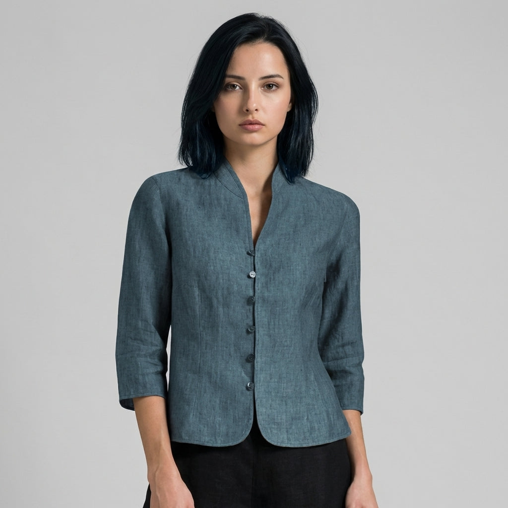 Womens Chambray Blouse with Stand Collar and Three Quarter Sleeves, Button Front