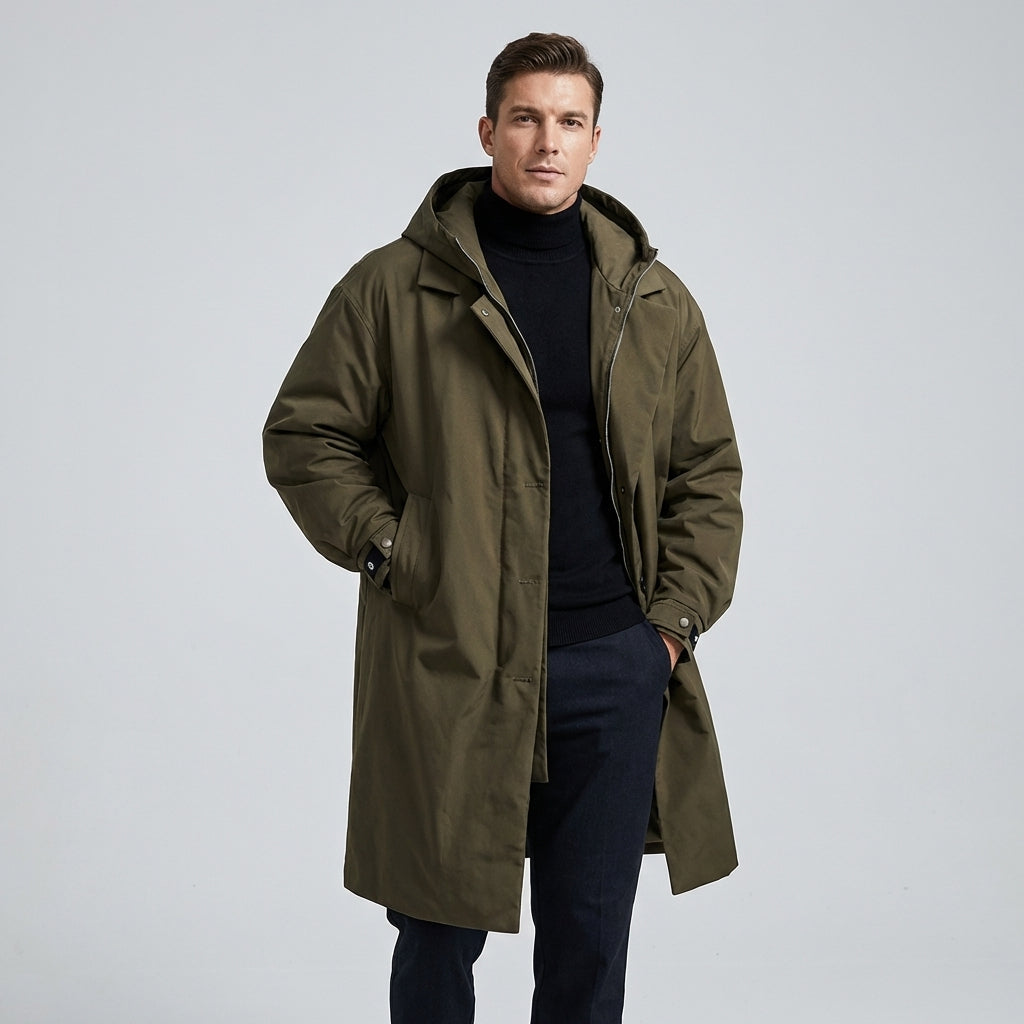 Mens Raincoat with Adjustable Hood and Storm Flap Zipper, Side Pockets