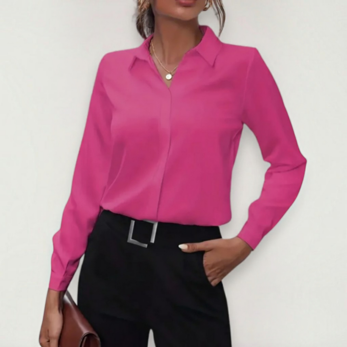 Button-Up Blouse with Classic Collar and Tapered Waist, Machine Washable