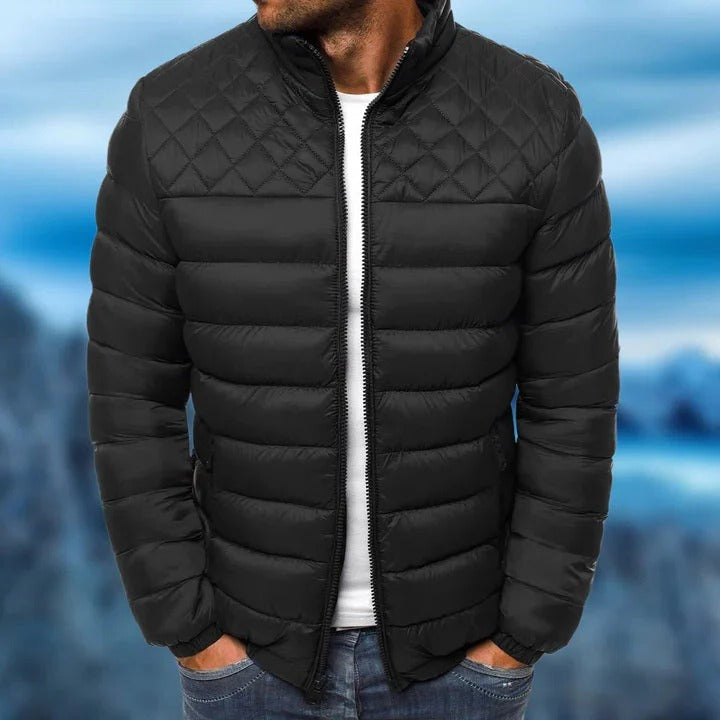 Mens Quilted Jacket with Water Repellent Fabric and Wind Blocking, Front Zipper