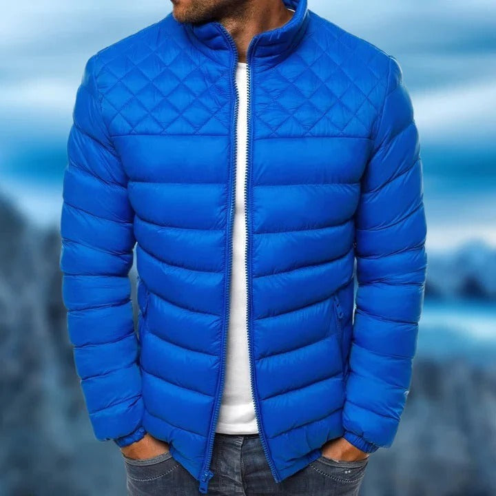 Mens Quilted Jacket with Water Repellent Fabric and Wind Blocking, Front Zipper