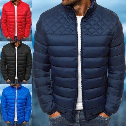 Mens Quilted Jacket with Water Repellent Fabric and Wind Blocking, Front Zipper
