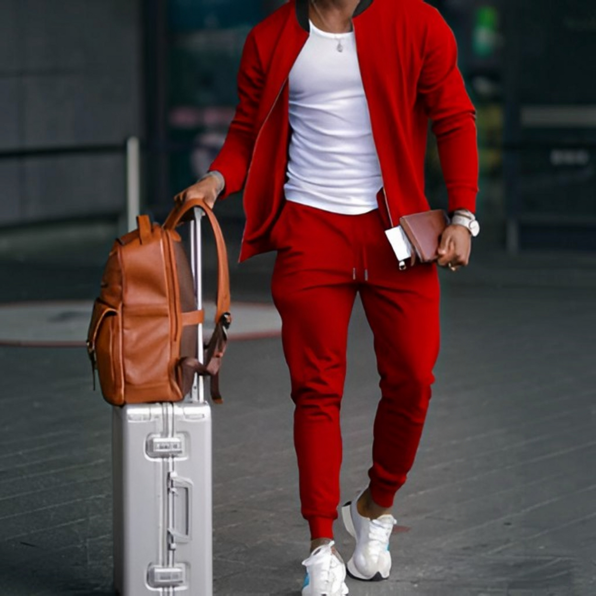 Mens Travel Tracksuit with Zip Jacket and Tapered Joggers, Lightweight Knit