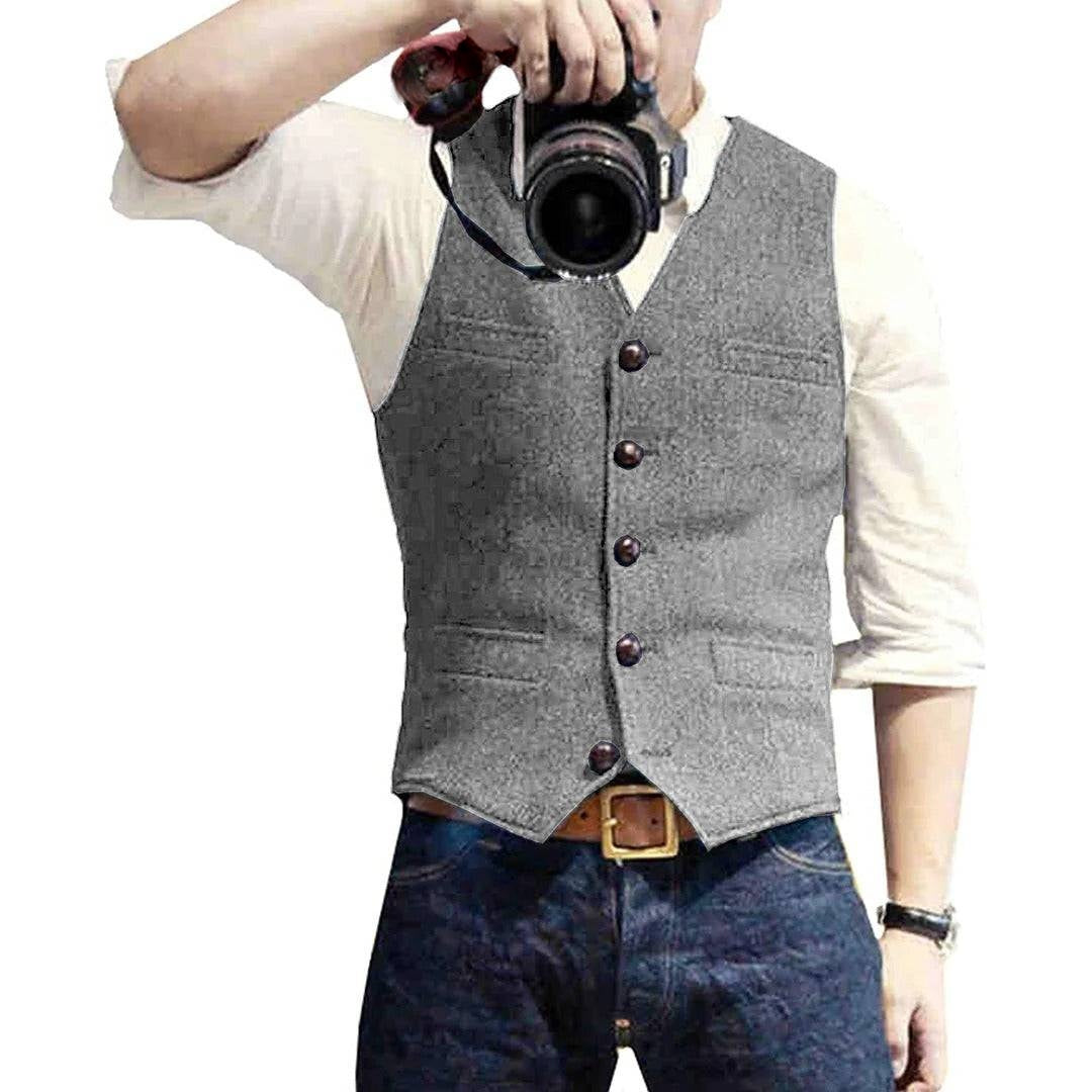 Mens Button Front Vest with Dual Pockets and Wool Blend Fabric