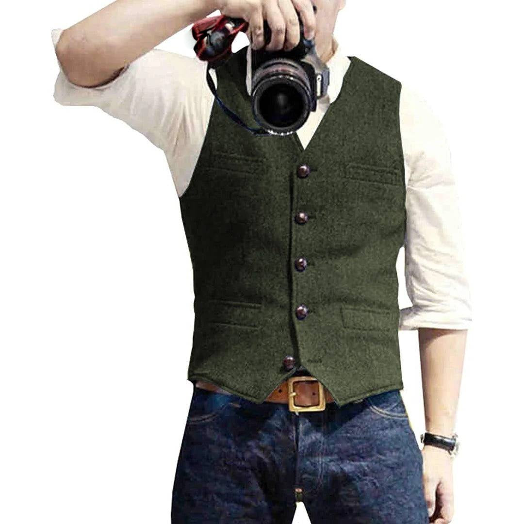 Mens Button Front Vest with Dual Pockets and Wool Blend Fabric